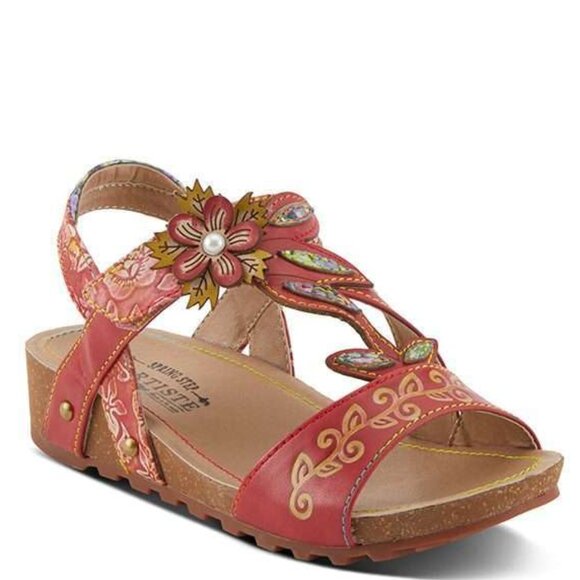 L'Artiste Red Velcro Sandal Fall Floral Pattern - Hand Painted Leather - Picture 1 of 1